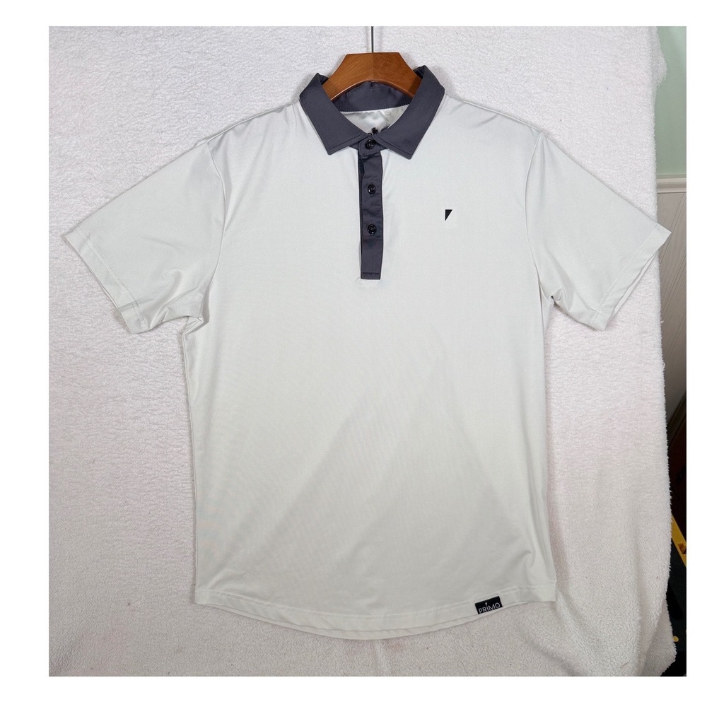 Primo Golf Polo Mens L White Performance Shirt Gray Collar Short Sleeve Stretch